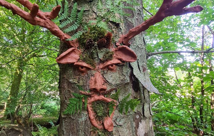 A tree with a scary face and antlers