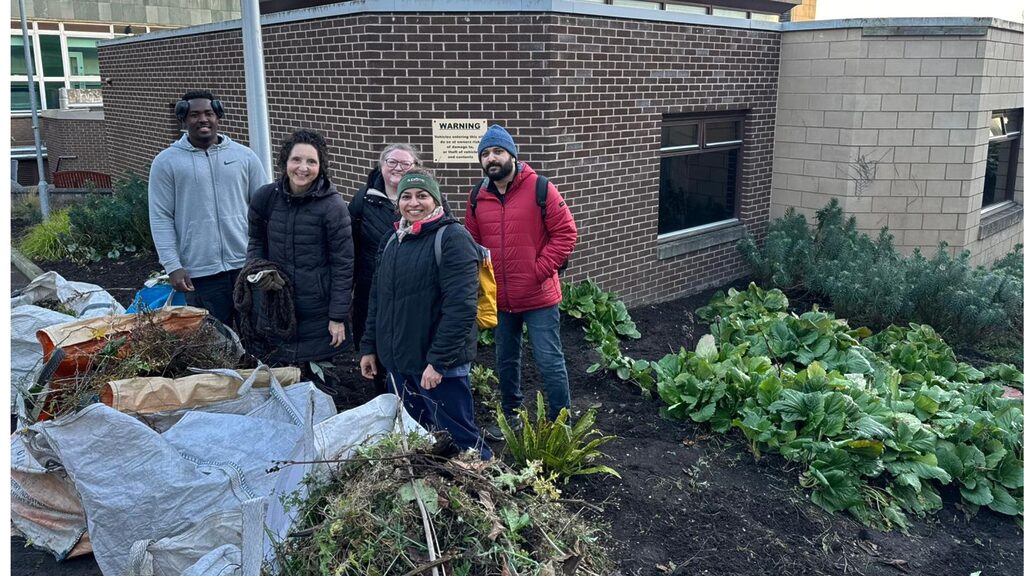 Volunteers from Diligenta helping clear gardens at the Western General Hospital