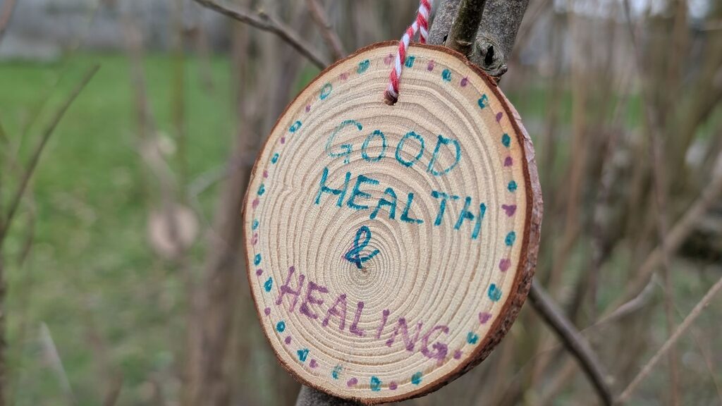 A tree wish written on a block of wood and hung on a tree in the garden saying 'Good health & healing'.