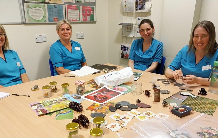 four NHS staff sitting round a table doing a nature-based activity