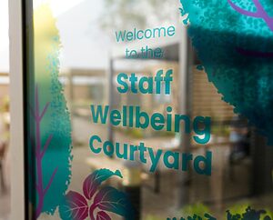 entrance to staff wellbeing courtyard at RIE