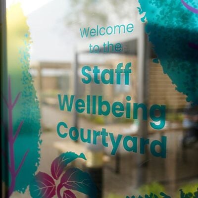 entrance to staff wellbeing courtyard at RIE